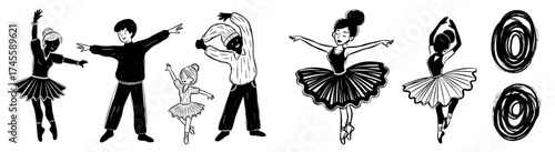 Family Ballet Dancing Together in Studio, Father and Daughter Learning Dance Moves, Artistic Expression, Hobby,  Joyful Connection, Education, Tutu, Dance Class, Line Art Illustration,  Modern, Perfor