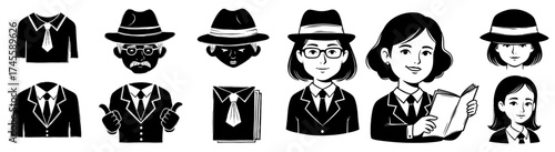 Business Professionals in Monochrome Style: Sleuths, Detectives, and Executives Analyzing Documents, Reading Books, and Giving Thumbs Up for Corporate Success, Teamwork, and Professional Communication