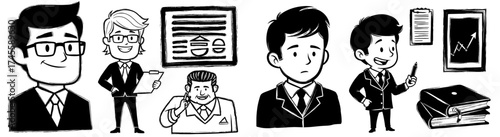 Confident Business Team Illustrations Working Together in a Modern Office Setting, Planning Strategy & Reviewing Financial Data - Perfect for Presentations, Marketing Materials, Website Graphics, Corp