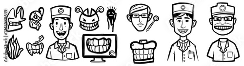 Dental Health Cartoon Characters: Smiling Dentist, X-Ray, and Teeth Illustrations for Healthcare Marketing & Educational Materials. Vector Line Art for Presentations, Web Design and Medical Profession