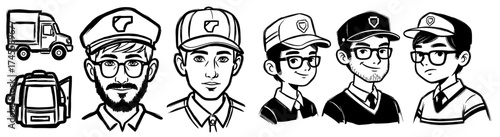 Diverse Team of Delivery Personnel and Transportation Vehicles: Express Shipping, Courier Services, Freight, Logistics and Supply Chain, Modern Cartoon Style, Line Art, Delivery Drivers, Shipping Truc