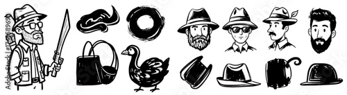 Whimsical Hunter with Rifle and Feathered Hat in Vintage Style, Surrounded by Illustrated Icons for Adventure Stories and Character Design, Evoking Nostalgia, Classic Tales, and Outdoor Lifestyle, Bla