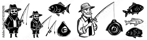 Fishermen Catching Fish Illustration Set: Anglers Holding Rods with Tackle, Catching Wildlife in Outdoor Recreation, Promoting Fishing Gear, Sporting Goods, Nautical Adventure, and Relaxing Leisure Ac