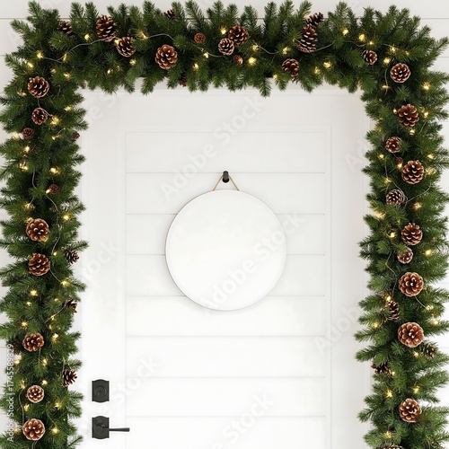 Festive christmas garland with pinecones and lights framing a white door