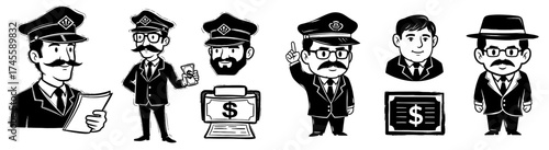 Illustrations of Classic Agents and Financial Transactions: Vintage-Style Detectives, Security Guards Managing Money, Retro Finance Icons, Black and White Graphics for Banking, Business, and Investmen