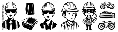 Construction Workers Team Sketches Planning Building Project with Toolbox and Bicycle: Infrastructure Development, Engineering, Architecture, Safety, Transportation, Design, Cartoon Style Drawings, Bl