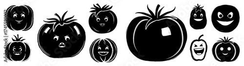 Funny Vegetable Cartoon Characters Collection Featuring Happy Tomatoes and Playful Pumpkins, Isolated on White Background for Kids Illustrations, Healthy Eating Concepts, Halloween Decorations, Food D