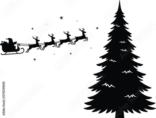 Santa Claus flying in sleigh with reindeer, Christmas tree silhouette, festive holiday vector, black and white illustration, winter celebration, seasonal concept, starry night
