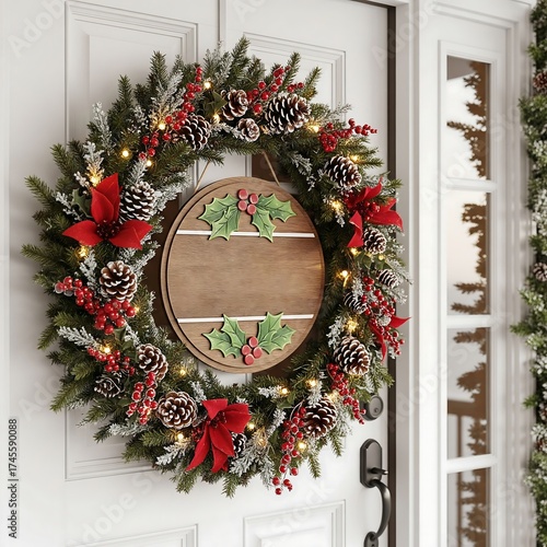 Festive christmas wreath with red bows and pinecones on white door