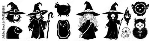 Enchanting Witches and Spooky Companions Conjuring Magic in Mystical Forest: Halloween Fantasy Illustration for Festive Celebrations, Creepy Storybooks, Occult Designs, Witchcraft, and Esoteric Practi