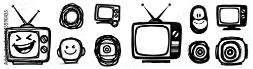 Retro TV Icons: Vintage Television Set Characters in Abstract Cartoon Style, Nostalgic Media Tech Symbols, Comical Faces & Concentric Patterns for Broadcasting, Entertainment, Advertising, & Communica