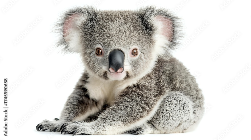 Fototapeta premium Adorable koala bear cub with fluffy grey fur and distinctive black nose sitting on white background, isolated cutout for creative projects and designs.