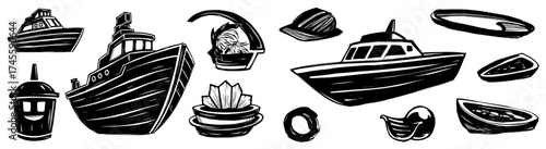 Nautical Vessel Collection in Striking Black and White: Boats Ahoy! - A Mariner's Dreamscape for Maritime Enthusiasts, Coastal Adventures, and Transportation Tales, Perfect for Educational Material, G