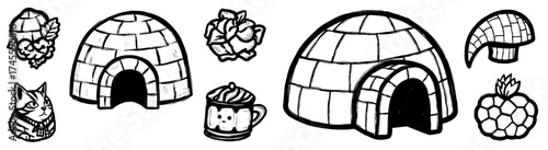 Charming Winter Doodles: Hand-Drawn Igloos, Cozy Drinks, and Festive Treats in a Whimsical Scene – Perfect for Seasonal Greetings, Holiday Marketing, Creative Projects, Children's Illustrations, and F