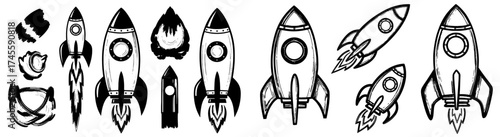 Hand-Drawn Rocket Ships Launching Into Space: A Retro Space Exploration Adventure, Science Technology Illustration, Isolated on White for Educational Creative Projects, Space Travel, Startup Ventures,