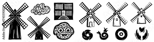 Whimsical Windmill Farm Landscape Design Elements: Rustic Architectural Structures, Nature, and Retro Style for Children's Book Illustrations, Storytelling, Fantasy World Building, and Vintage Dutch C