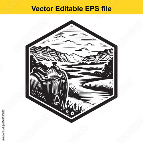 Vector art of hexagonal western landscape with saddle and river