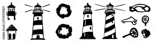 Coastal Lighthouses and Nautical Elements Sketch: Guiding Lights along the Shoreline, Maritime Navigation, Harbor Safety, Seaside Graphic Resources, Hand-Drawn Nautical Art for Travel, Tourism, and Co