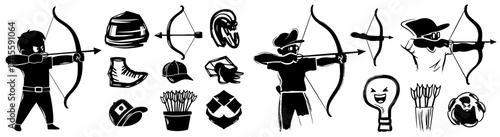 Dynamic Archer Characters and Archery Equipment Illustrations: Target Practice, Accuracy, and Skillful Shooting with Bow and Arrow for Sports, Games, and Historical Design Elements, Black and White Gr