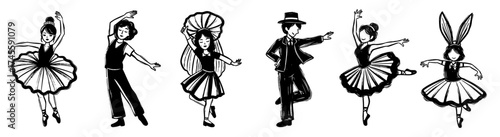 Diverse Group of Dancers Performing Ballet and Jazz Styles, Hand-Drawn Sketches in Black and White for Dance Academy, School Programs, Children's Theater, Educational Materials, Illustrations, Artisti