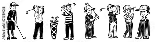 Cartoon Golfers Lineup: Diverse Characters in Action, Playing Golf on the Green Course, Demonstrating Skill, Precision, and Sportsmanship in a Leisurely Outdoor Setting for Recreation, Exercise, Fun,