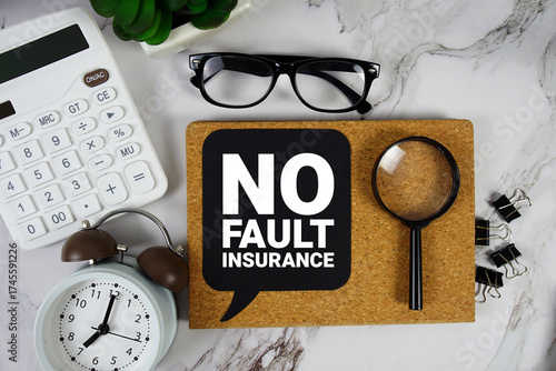 Fotografie No fault insurance text with Calculator, alarm clock and magnifying glass on mar