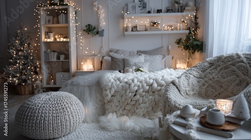 A bedroom with a white bed and a white blanket