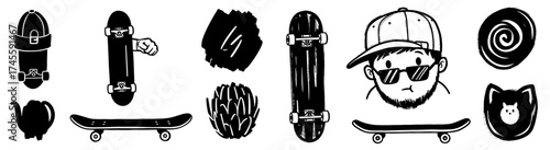 Skateboarding Culture Graphics: Bold Black and White Doodle Set Featuring Skateboarder Head, Decks, Artistic Brushstrokes, for Urban Lifestyle, Street Art, and Youth-Focused Creative Projects (Prints,