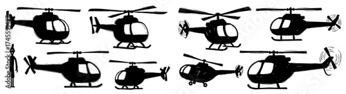 Sketchy Helicopters in Flight, a Whimsical Aviation Display on White Backdrop Illustrating Air Transport, Adventure, and Travel. Cartoon Style, Black and White Graphic Design for Children's Books, Wal