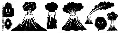 Cartoon Volcanic Eruption with Black Smoke Monsters in Isolated Landscape, Threatening Disaster, Comic Style Illustration for Environmental Awareness, Earth Science Education, Global Warming, Climate