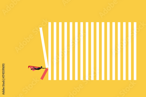 Super businessman breaks the block. concept of employee overcomes obstacle, success and strength