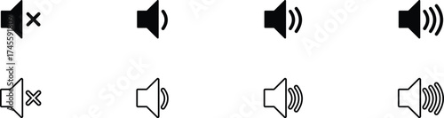 Flat vector sound and volume icons including mute, loudspeaker symbols, glyph, solid, and silhouette styles for media design use. Speaker full to mute isolated on white background.