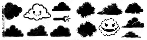Cartoon Clouds Icons Illustrations Set: Spooky Monster Cloud Characters in a Cartoonist Style, for Halloween Designs and Weather Illustrations. Bad Weather, Stormy, and Gloomy Clouds in Graphic Resour