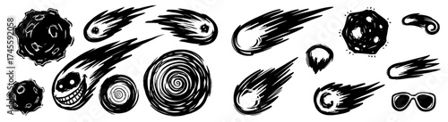 Dynamic Comets and Asteroids hurtling Through Space: Sci-Fi Adventure Elements, Cartoonish Cosmic Threat, Fantasy Game Assets for Digital Design, Astronomy Concept, Meteorites in Motion Graphics, Cele