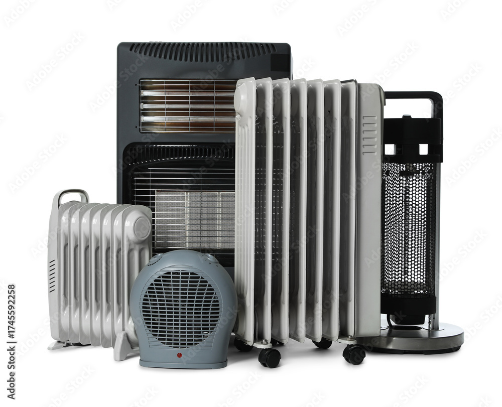 Fototapeta premium Different types of electric heaters isolated on white