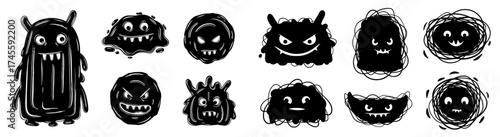 Whimsical Monster Silhouettes in Black and White: Cartoonish Creatures for Halloween, Party Invitations, Children's Books, Video Games, and Spooky Designs; Vector Graphics, Illustration, Isolated Char