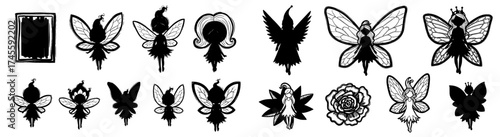 Whimsical Fairy Character Silhouettes in a Fantasy Forest Setting, Ideal for Children's Illustration, Storytelling, or Magical Designs Featuring Delicate Wings, Antennas, Crowns, and Intricate Detail,