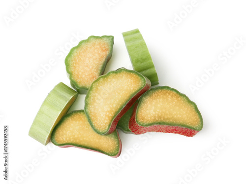Bild auf Leinwand Pieces of rhubarb stalks isolated on white, top view