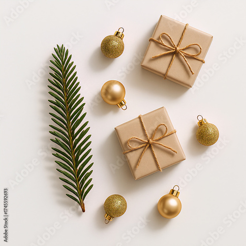 Minimalist Christmas Flat Lay with Pine Branch and Golden Ornaments on White Background