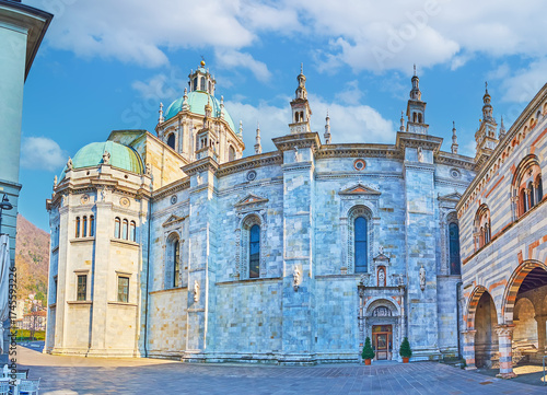 Panorama of Cathedral side wall and Broletto of Como, Italy