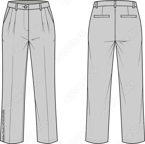 Technical fashion illustration of tailored trousers front and back view with waistband, belt loops, pockets, crease lines, 