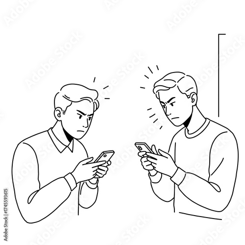 Two young men frustrated while using smartphones in a linear style  