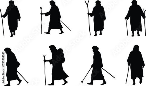 Silhouette of walking man with cane, various poses, pilgrim traveler, hiking gear, staff, backpack, motion study, black figure on white background