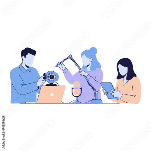 Three individuals preparing for a recording session, using technology for communication.