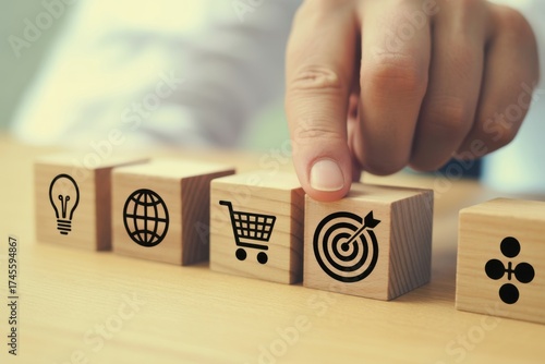 Business Goal: A hand strategically positions a block representing a goal amidst a row of blocks symbolizing key business concepts, symbolizing a clear path towards achievement. 