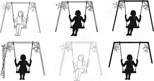 Swing silhouette illustration, person sitting on swing, artistic styles, black figure, outdoor leisure, floral frame, motion pose, character design, minimal art