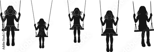 Silhouettes of People Sitting on Swings, Leisure Concept, Childhood Memory, Minimalist Black Figures, Isolated White Background, Emotional Stillness, Group Activity Scene