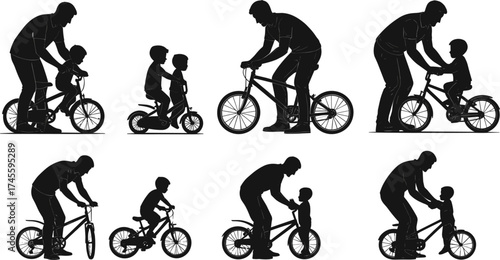 Child learning to ride bicycle, father support, parenting guidance, silhouette sequence, outdoor activity, skill development, family bonding, bike training, independence, childhood milestone