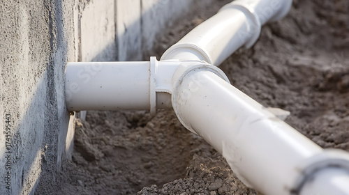 Wallpaper Mural Drainage pipes outside a foundation. White pipes branch into a Y shape, exiting through the wall. Excavation work. Torontodigital.ca
