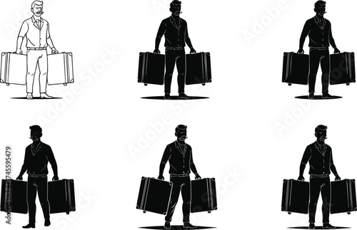 Man with suitcases, character design progression, illustration stages, shading technique, black and white art, travel concept, visual storytelling, artistic rendering, sketch to detail